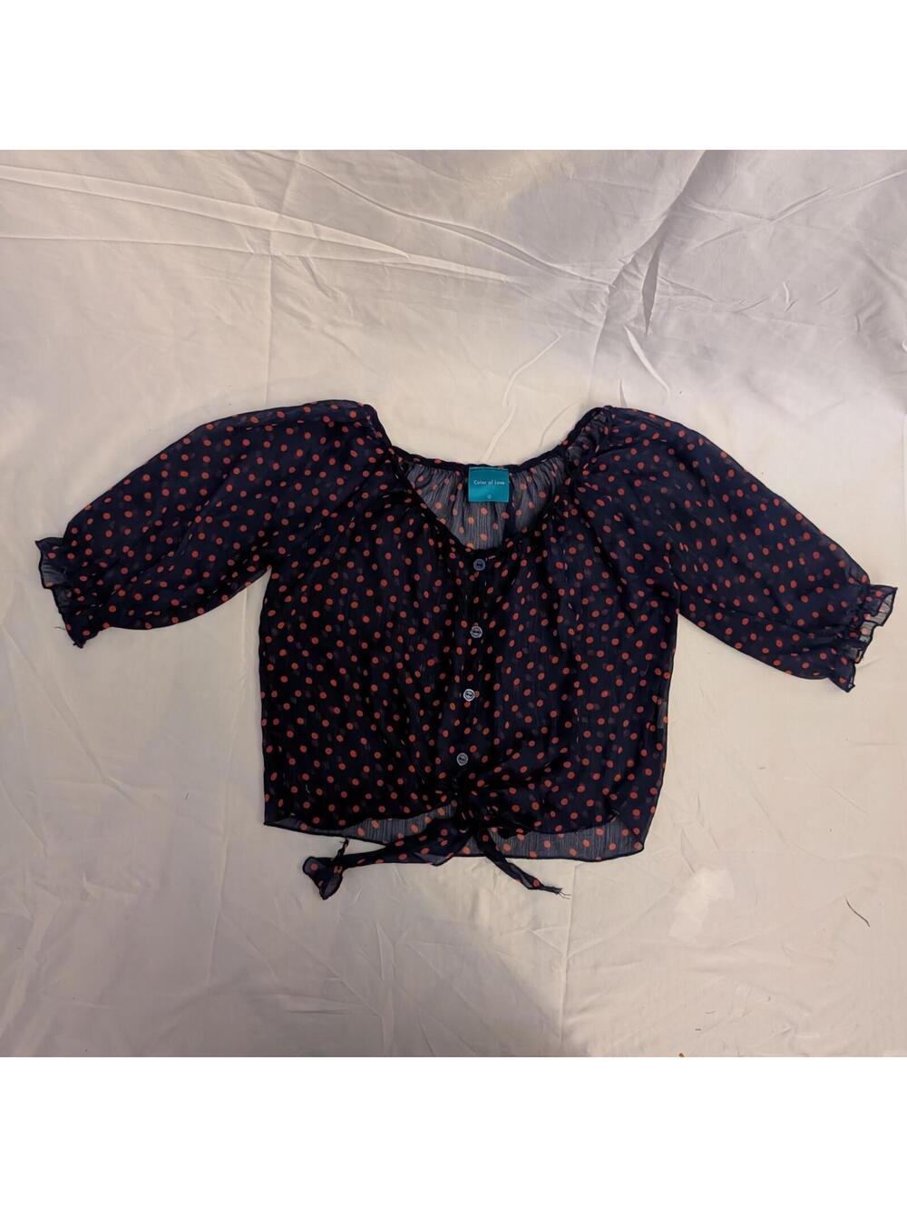 Color of Love Navy Blue and Orange Polka Dot Sheer Blouse Size S